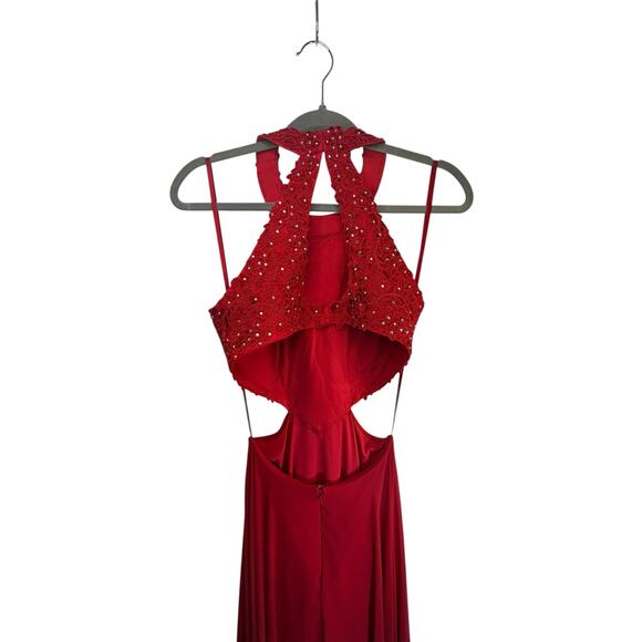 Betsy & Adam Red Rhinestone Halter Evening Gown Formal Dress - Size 4 - Picture 6 of 16